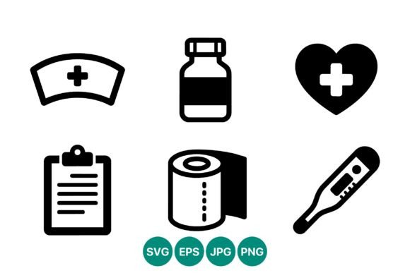 Medical Icon Set Nurse Cap Bottle Heart